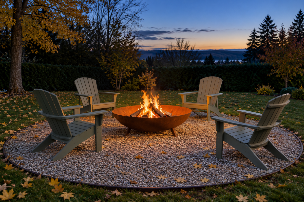 A rusted steel fire bowl burning at dusk on a circle of gray gravel, with four wooden chairs set around it.