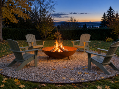 A rusted steel fire bowl burning at dusk on a circle of gray gravel, with four wooden chairs set around it.