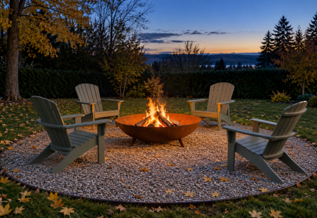 A rusted steel fire bowl burning at dusk on a circle of gray gravel, with four wooden chairs set around it.