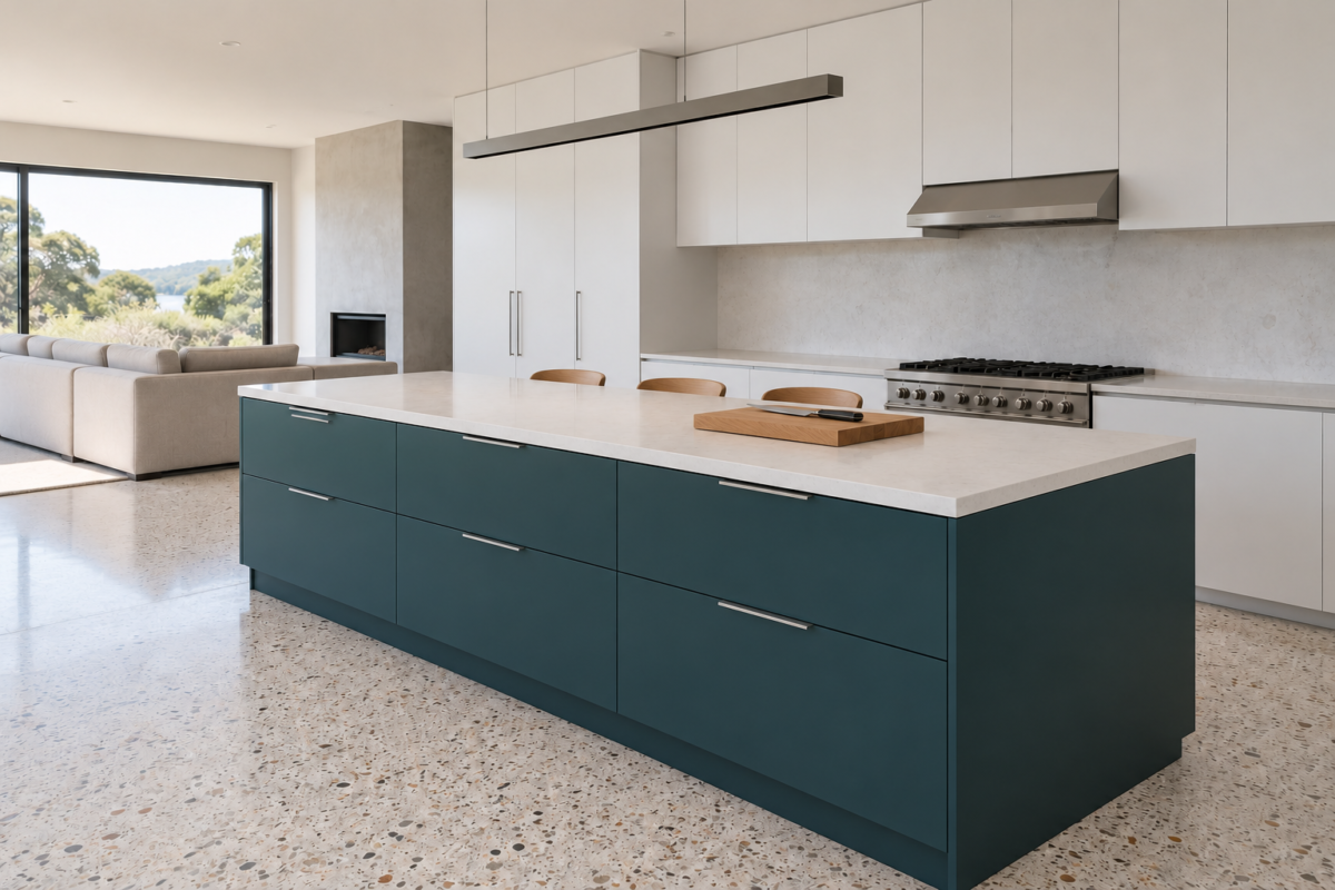 A kitchen with a deep teal island on a pale terrazzo floor, three low-backed stools on one side and a clear white top.