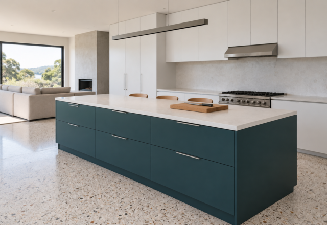 A kitchen with a deep teal island on a pale terrazzo floor, three low-backed stools on one side and a clear white top.