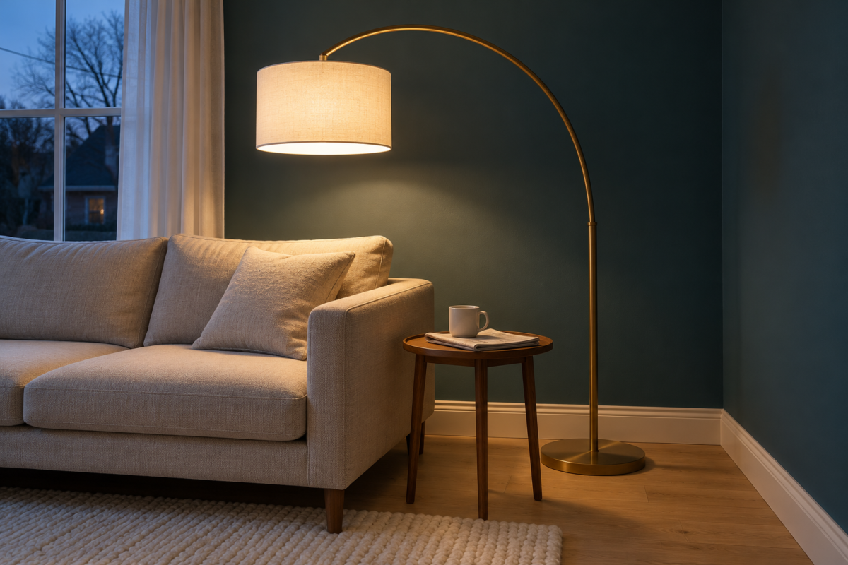 A brass arc floor lamp with a white drum shade lit over the end of a linen sofa in a living room with deep teal walls.