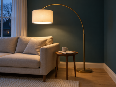 A brass arc floor lamp with a white drum shade lit over the end of a linen sofa in a living room with deep teal walls.