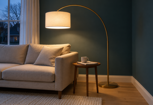 A brass arc floor lamp with a white drum shade lit over the end of a linen sofa in a living room with deep teal walls.