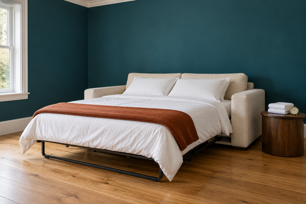 A cream sofa opened into a made-up guest bed with white bedding and a rust blanket in a living room with deep teal walls.