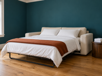 A cream sofa opened into a made-up guest bed with white bedding and a rust blanket in a living room with deep teal walls.