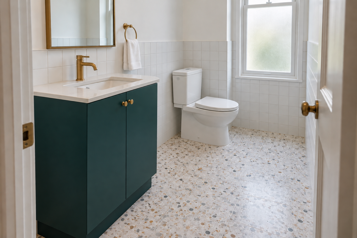 A deep teal bathroom vanity with a white top standing beside a toilet, with a clear gap between them and open terrazzo floor in front.