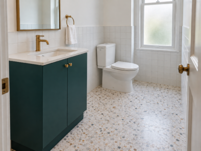 A deep teal bathroom vanity with a white top standing beside a toilet, with a clear gap between them and open terrazzo floor in front.