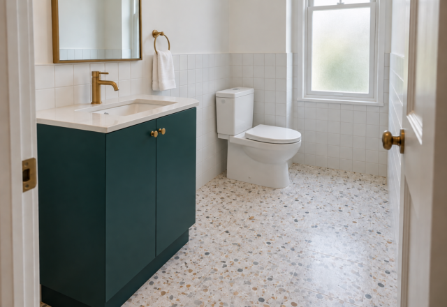 A deep teal bathroom vanity with a white top standing beside a toilet, with a clear gap between them and open terrazzo floor in front.