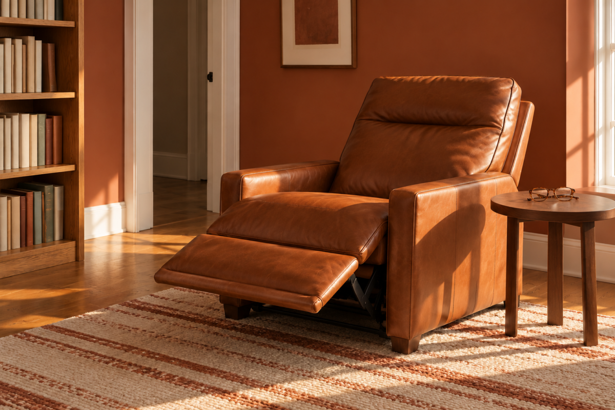 A cognac leather recliner with its footrest raised beside a walnut side table in a terracotta den lit by afternoon sun.