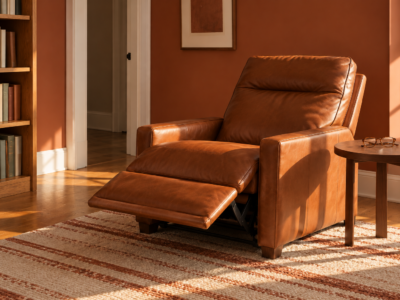 A cognac leather recliner with its footrest raised beside a walnut side table in a terracotta den lit by afternoon sun.