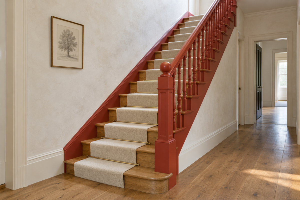 A straight staircase seen from the hall, with tomato red balusters, newel post, and stringer, oak treads, and a cream wool runner held by brass rods.
