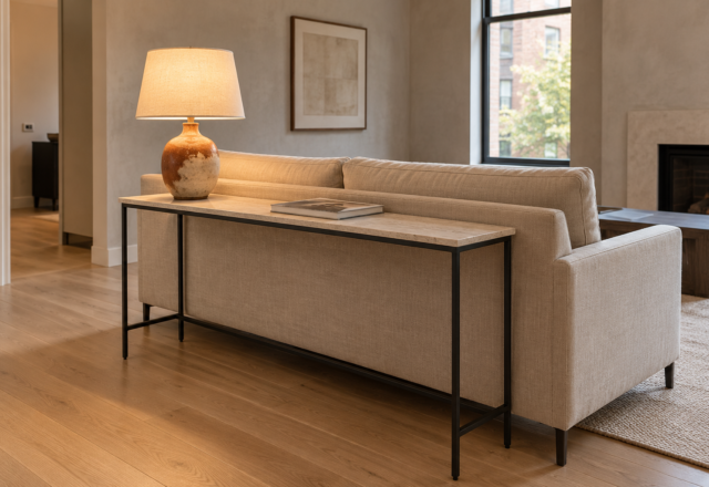 A long travertine-topped sofa table on slim blackened steel legs behind a stone linen sofa in a warm gray living room, its top just below the line of the sofa back, with a ceramic lamp on it.