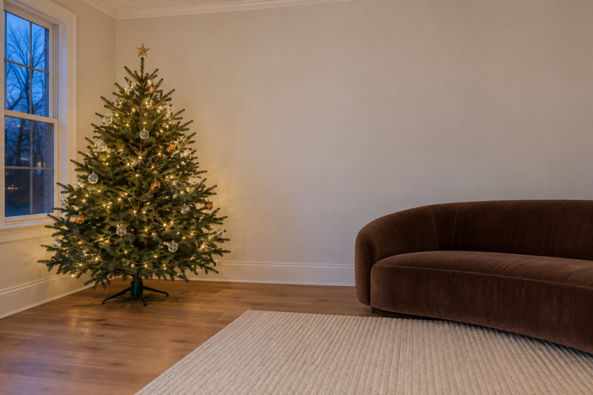 A lit Christmas tree in a living room, with a clear gap between its star and the ceiling and space to walk between the tree and a brown velvet sofa.