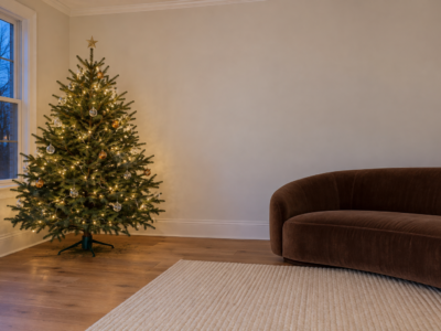 A lit Christmas tree in a living room, with a clear gap between its star and the ceiling and space to walk between the tree and a brown velvet sofa.