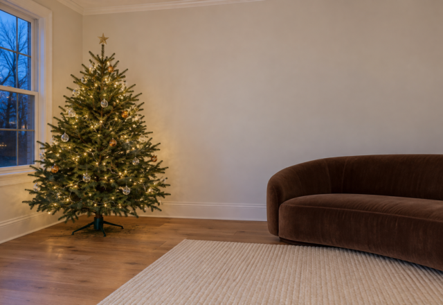 A lit Christmas tree in a living room, with a clear gap between its star and the ceiling and space to walk between the tree and a brown velvet sofa.