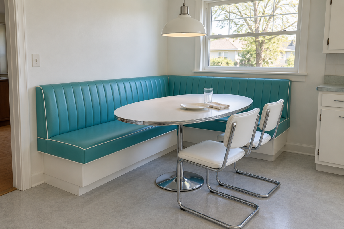 An L-shaped turquoise banquette in a white kitchen corner with an oval pedestal table and two chrome chairs.