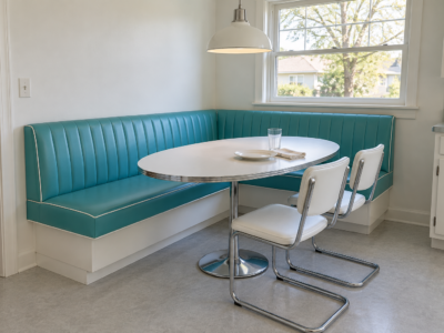 An L-shaped turquoise banquette in a white kitchen corner with an oval pedestal table and two chrome chairs.
