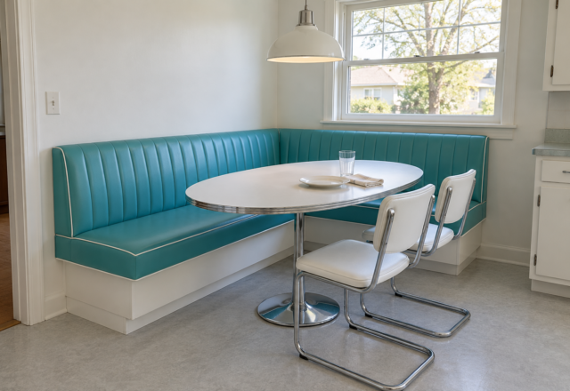 An L-shaped turquoise banquette in a white kitchen corner with an oval pedestal table and two chrome chairs.