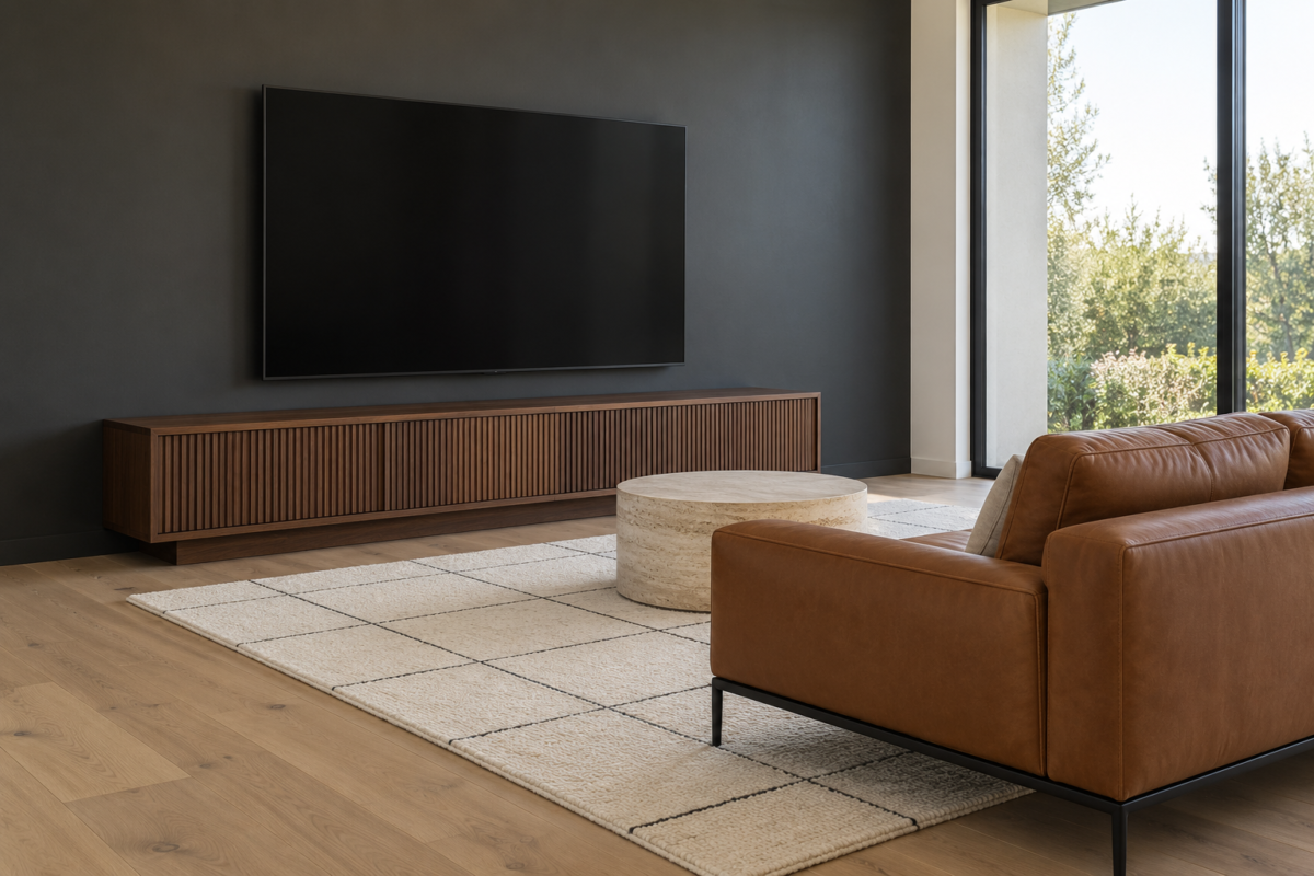A television mounted low on a charcoal wall, a few inches above a long walnut console, with a leather sofa facing it.