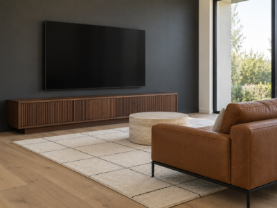A television mounted low on a charcoal wall, a few inches above a long walnut console, with a leather sofa facing it.
