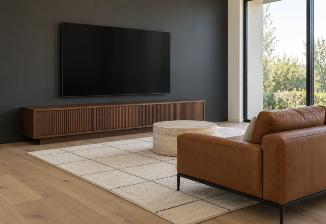 A television mounted low on a charcoal wall, a few inches above a long walnut console, with a leather sofa facing it.