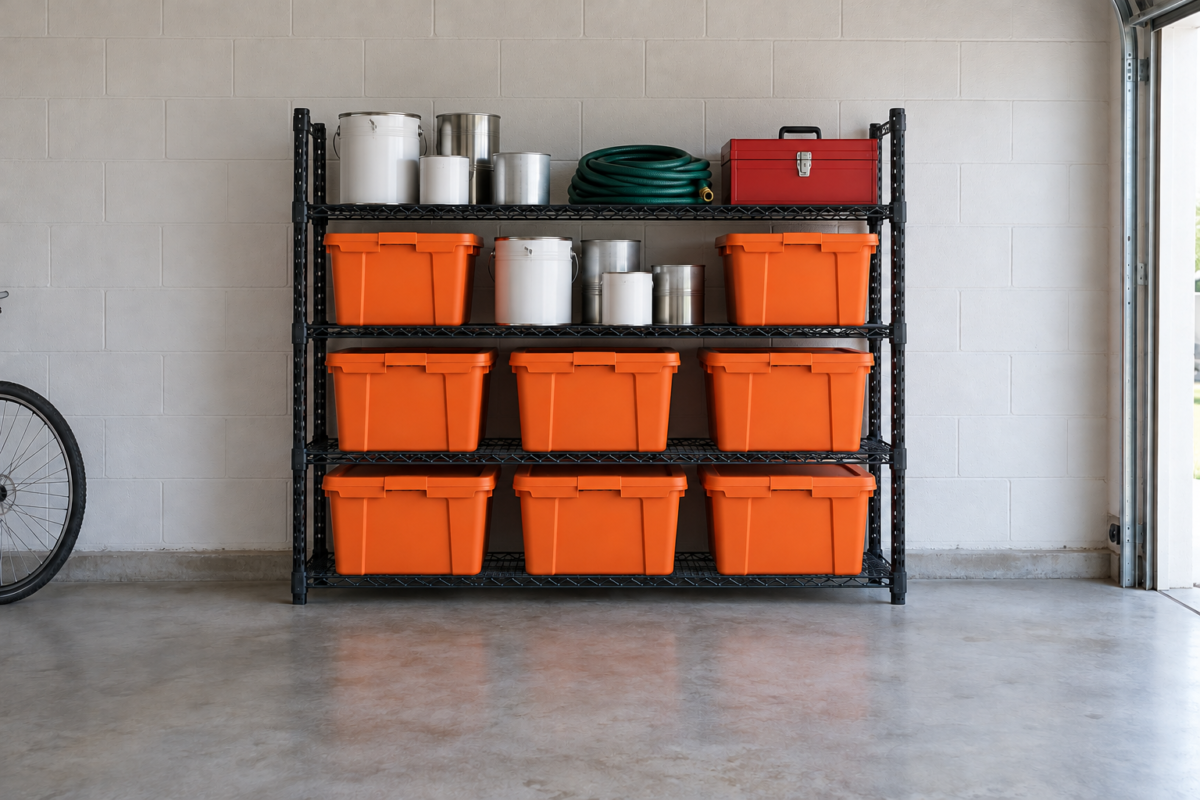 A black steel shelving unit loaded with orange storage totes, paint cans, and a garden hose against a white garage wall.