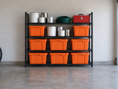 A black steel shelving unit loaded with orange storage totes, paint cans, and a garden hose against a white garage wall.