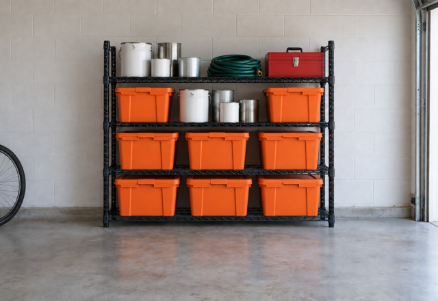 A black steel shelving unit loaded with orange storage totes, paint cans, and a garden hose against a white garage wall.