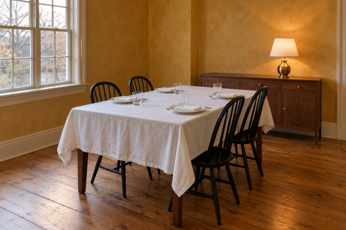 A walnut dining table covered with a plain white linen cloth hanging evenly at the sides and end, laid with white plates, in a room with ochre limewashed walls.
