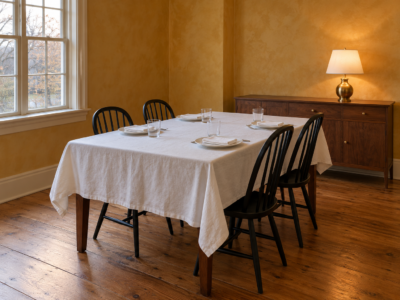 A walnut dining table covered with a plain white linen cloth hanging evenly at the sides and end, laid with white plates, in a room with ochre limewashed walls.