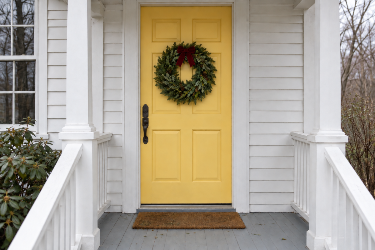 A butter yellow front door with an evergreen wreath about two thirds as wide as the door, on a white clapboard house.