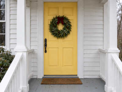 A butter yellow front door with an evergreen wreath about two thirds as wide as the door, on a white clapboard house.