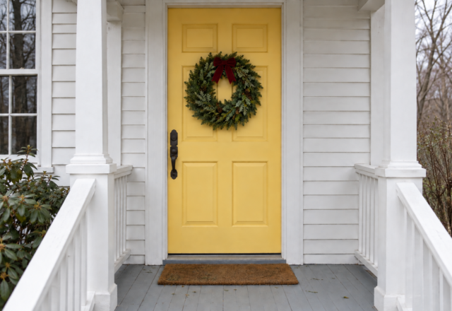 A butter yellow front door with an evergreen wreath about two thirds as wide as the door, on a white clapboard house.