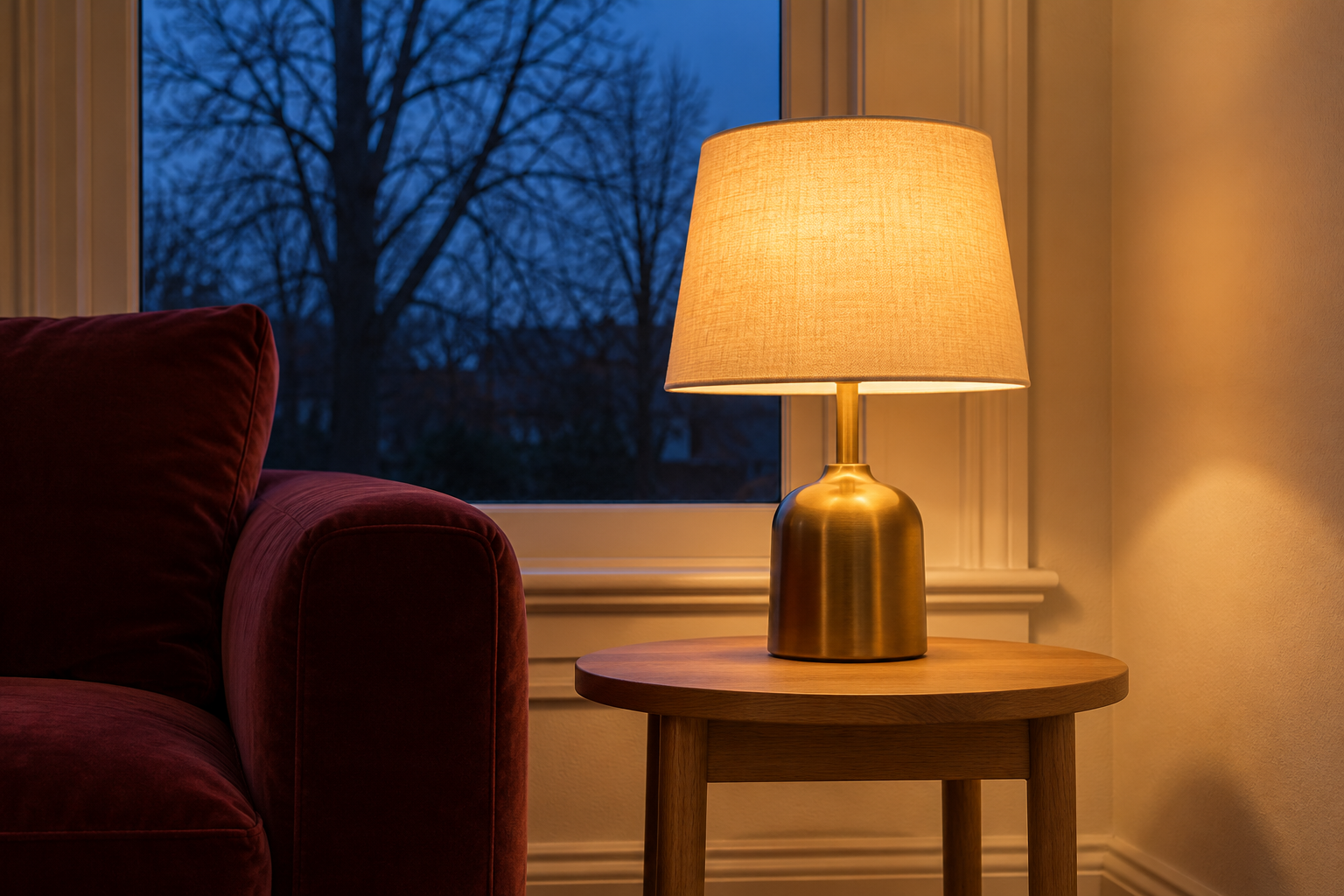 A brass table lamp with a linen shade glowing amber on a windowsill side table, in front of a window filled with blue dusk.