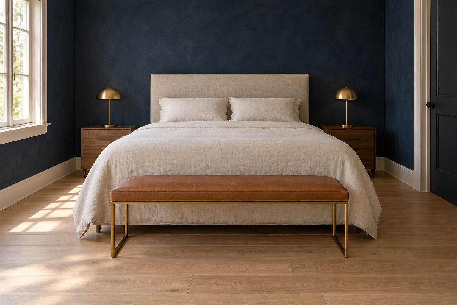 A caramel leather bench at the foot of a queen bed seen straight on, clearly shorter than the mattress is wide, with the bed's corners showing beyond each end.