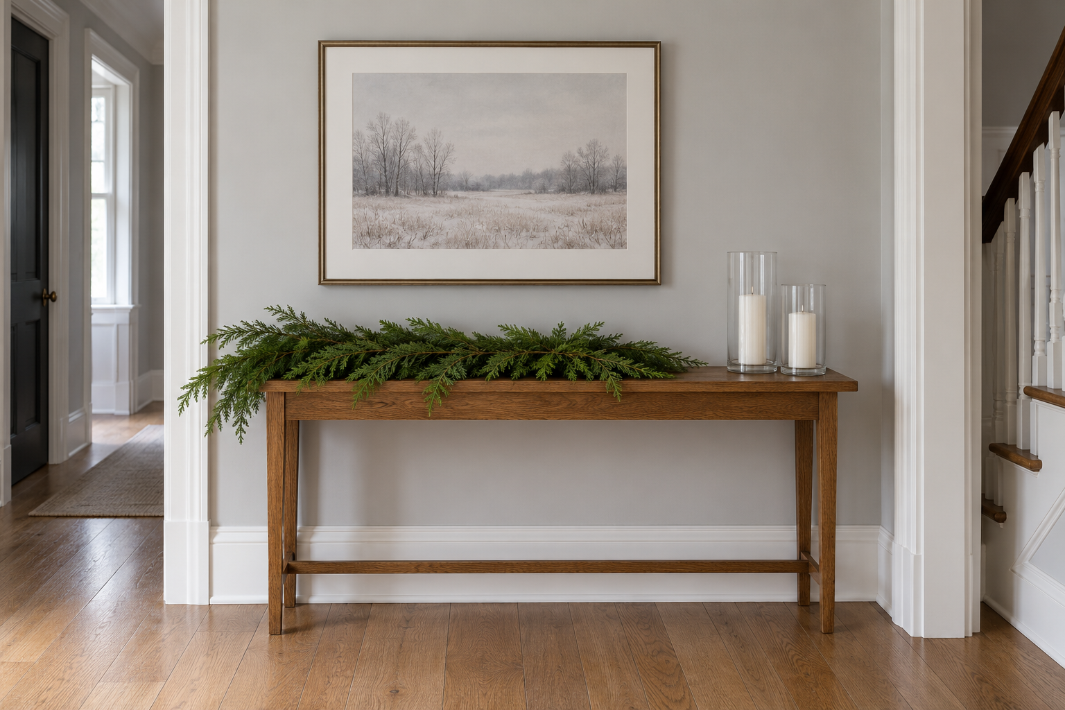 Loose cedar boughs laid along a pale gray hall console with no ornaments or ribbon, and two white candles in glass hurricanes standing clear of the greenery at one end.