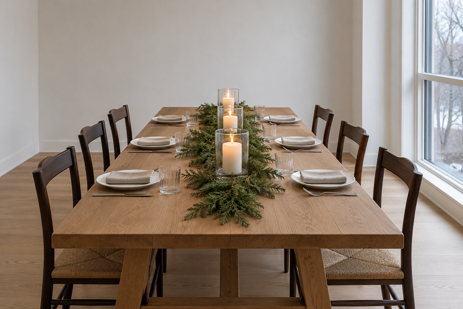 A bare oak table set for six with a low cedar garland down the center and three pillar candles burning inside tall glass hurricanes among the greenery.