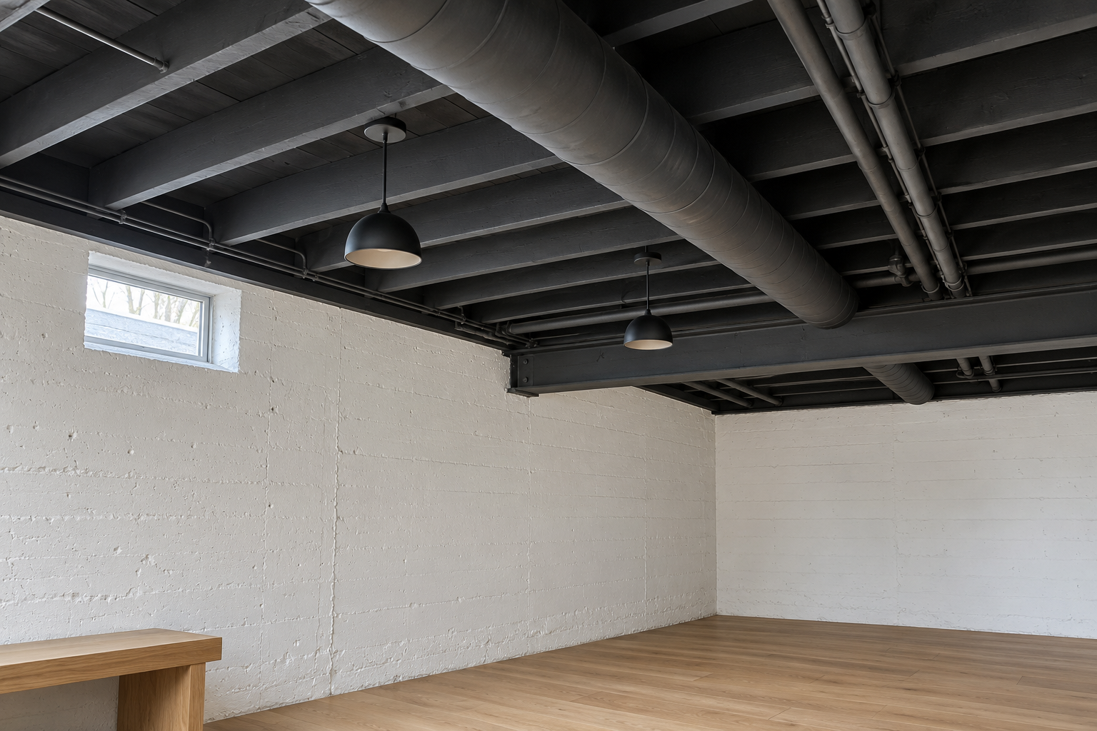 A basement ceiling left open, with wooden joists, a round duct, and pipes all painted one matte charcoal, above white walls and a pale oak floor.