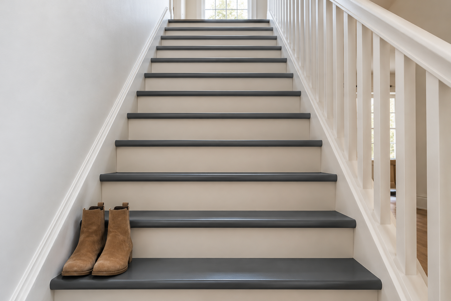 A painted staircase seen from the bottom step, with pale putty risers between charcoal treads and a pair of shoes on the lowest step.