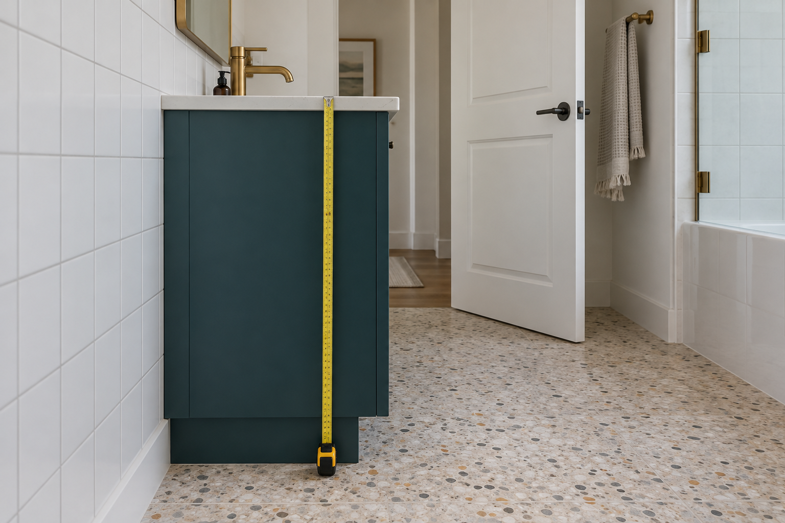A deep teal bathroom vanity seen from the side, with a steel tape measure standing from the floor to the top of its white counter.