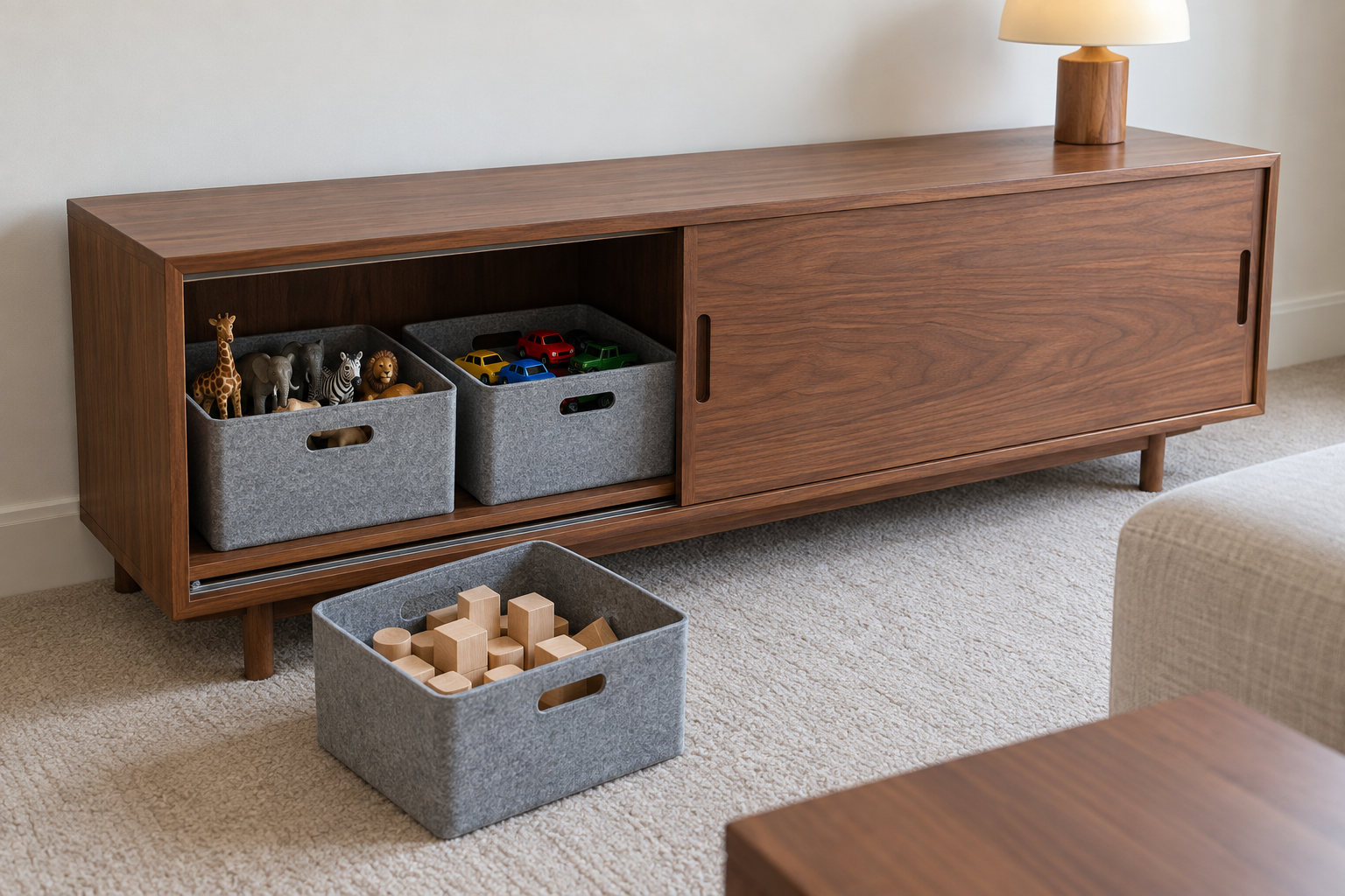 A walnut cabinet with one sliding door open and felt bins of toys inside, one bin pulled out onto the floor.
