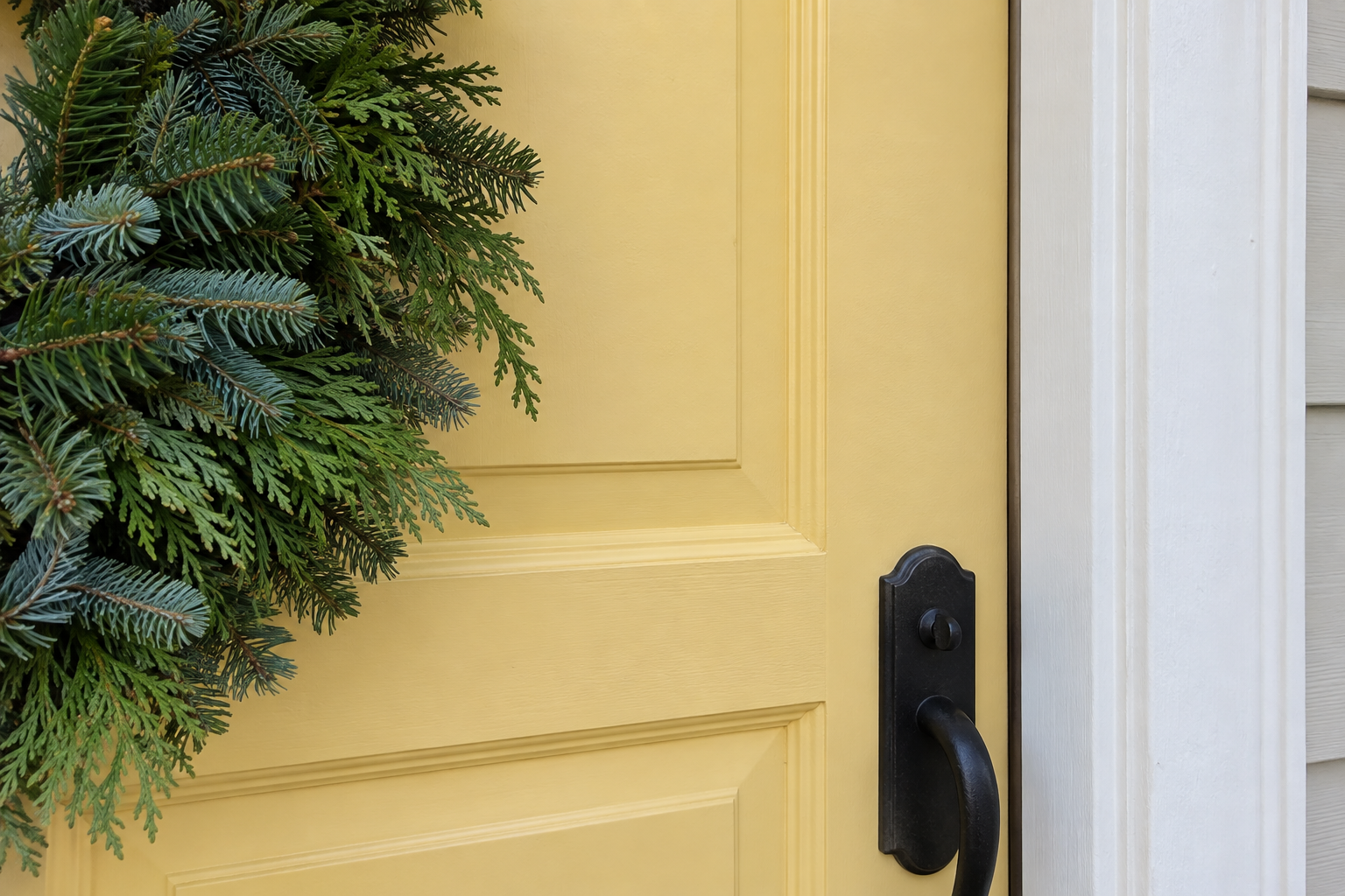 The edge of an evergreen wreath on a yellow door, with about six inches of door showing between the wreath and the door's edge.