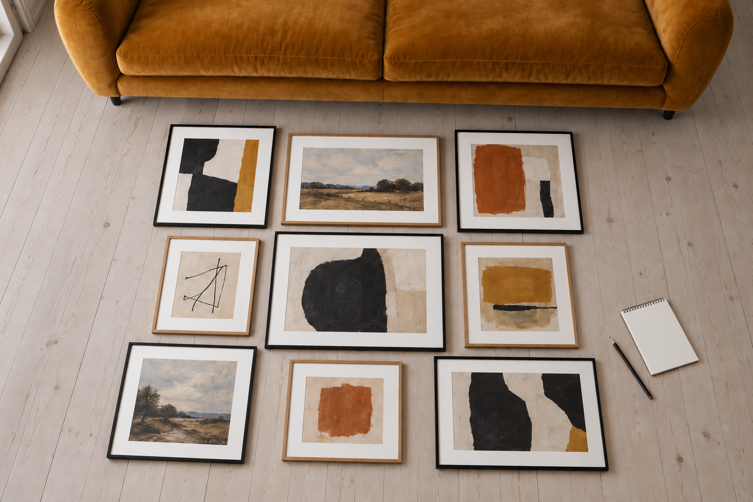 Nine framed pieces laid out on a wood floor in the arrangement planned for the wall.