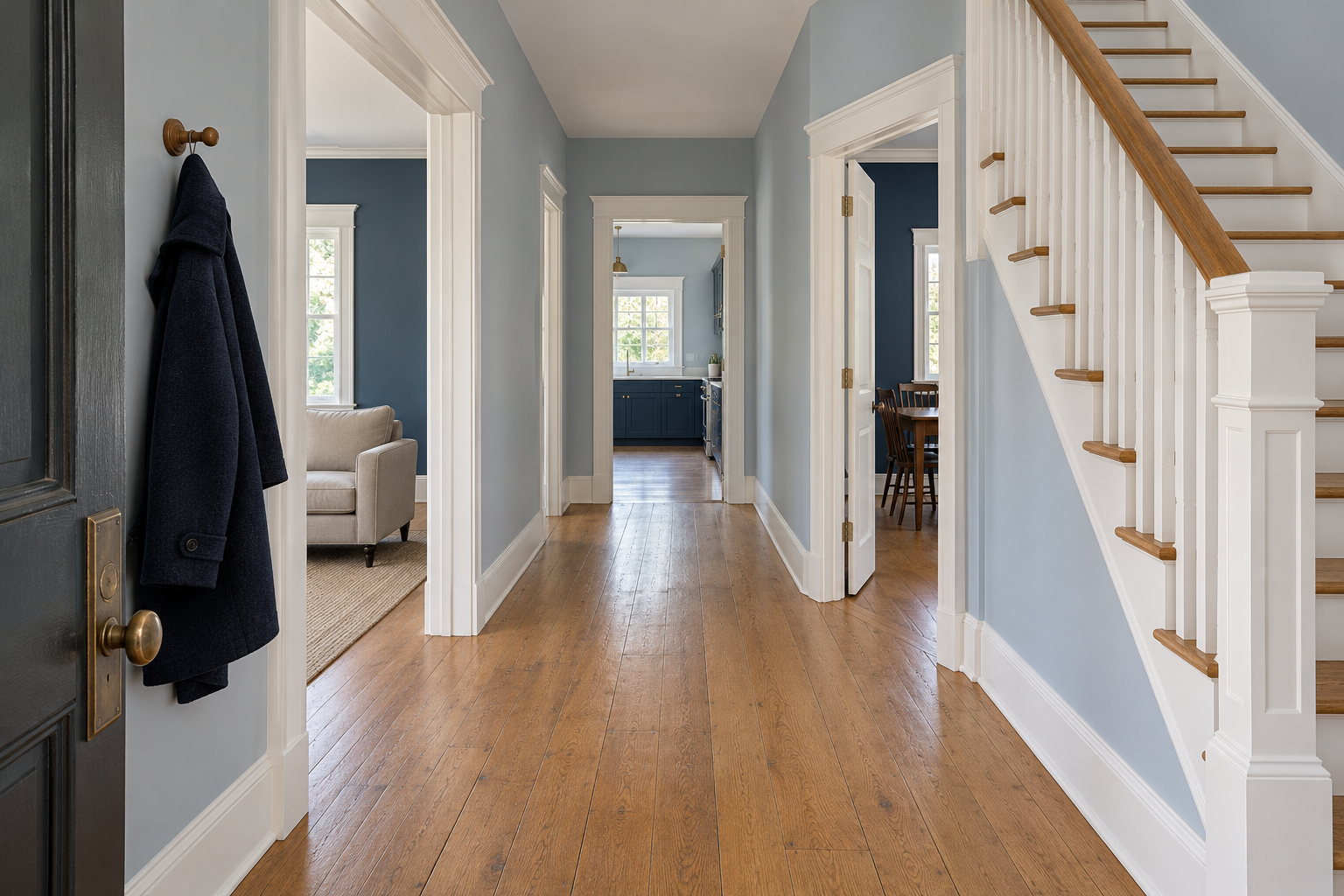 A pale blue gray hall seen from the front door, with a slate blue living room through an opening on the left, an ink blue dining room through a doorway on the right, and the kitchen at the end of the hall.