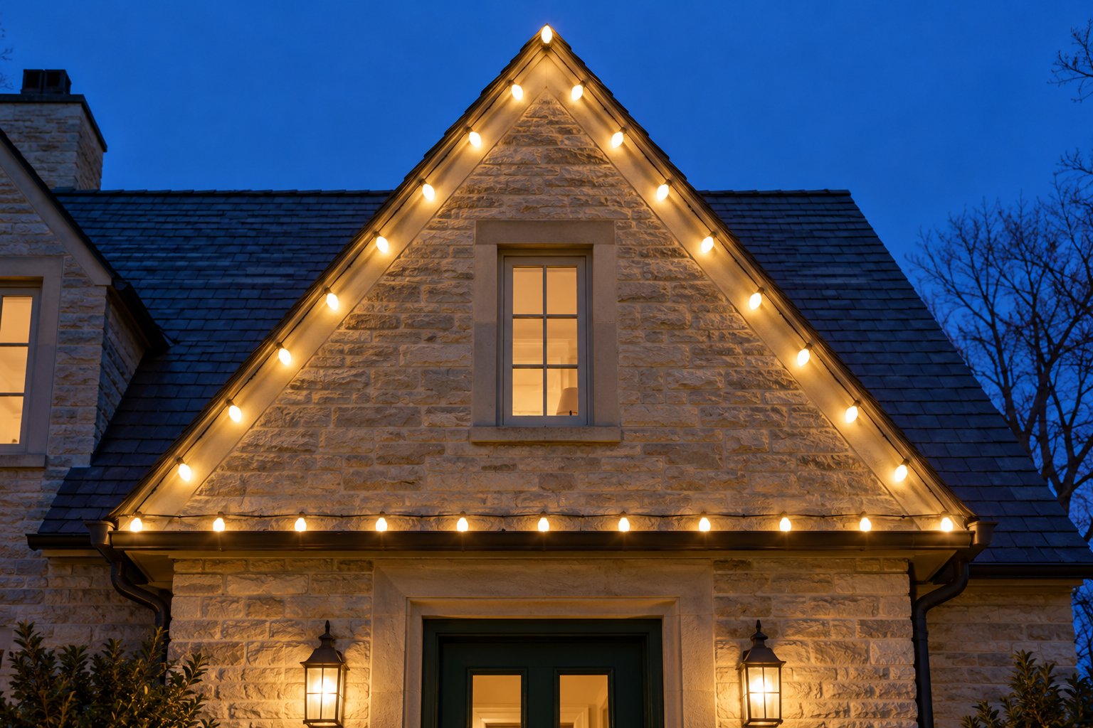 A steep stone gable at dusk outlined in warm white bulbs up both sloped edges to the peak, with a second line along the eave below.