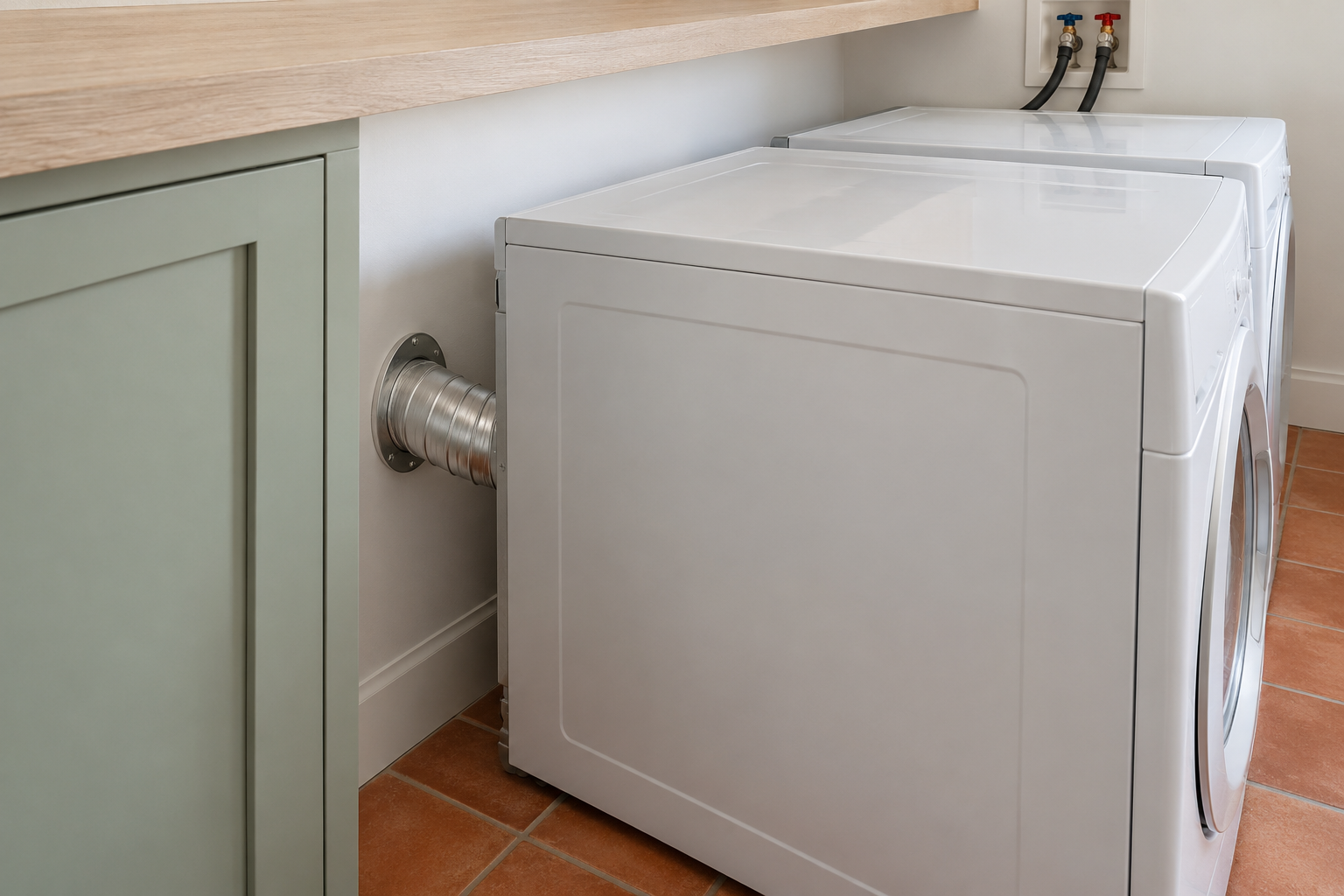 The side of a white dryer, with a gap of several inches between its back and the wall, a silver metal duct running to a wall vent, and water hoses to valves.