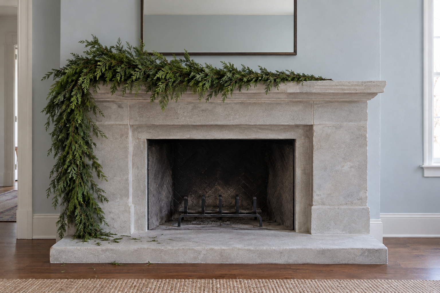 A long evergreen garland running along a limestone mantel and hanging down its left side to the hearth, with the right end of the shelf left clear.