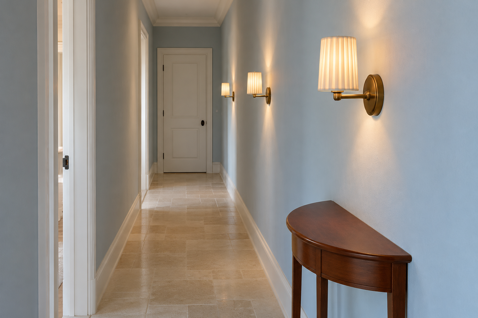 A brass wall sconce with a pleated shade in a narrow hallway, seen from standing eye level so the shade hides the bulb.