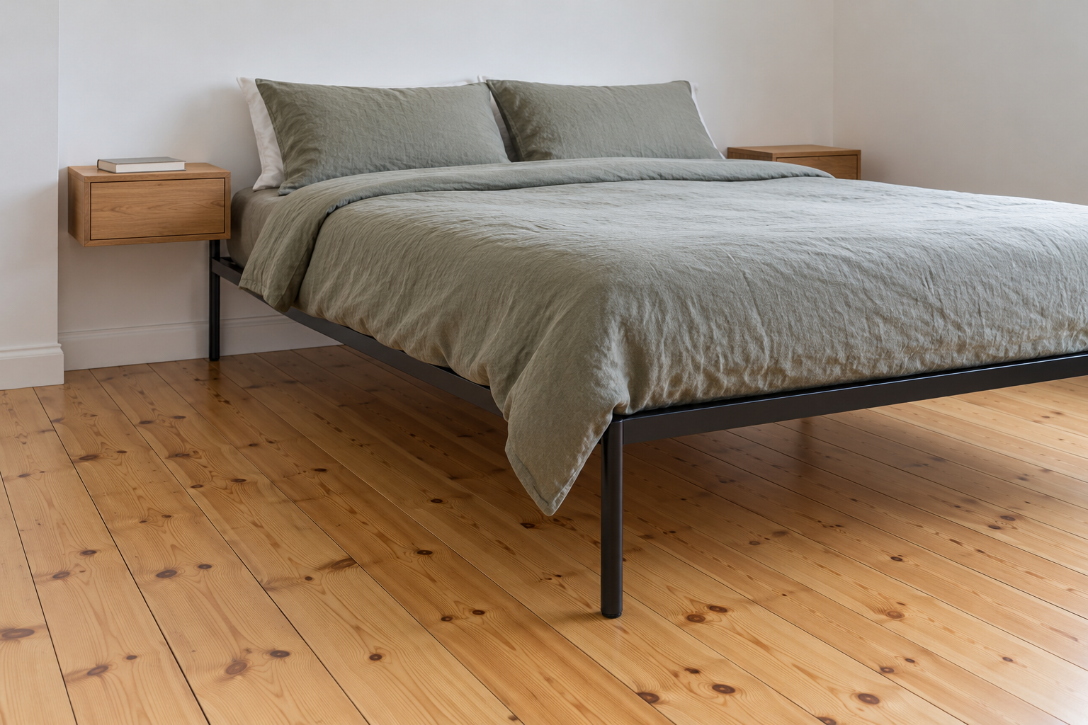 A black steel bed on tall legs and two wall-mounted oak nightstands, with bare pine floor visible underneath.